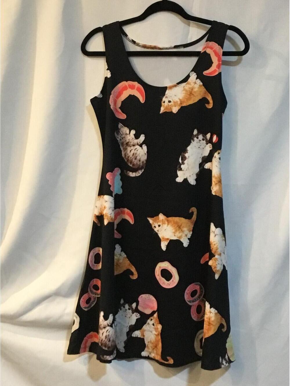 CowCow Cats & Pastries Skater Dress L NWOT Black Croissant Donut Print 90%Cotton